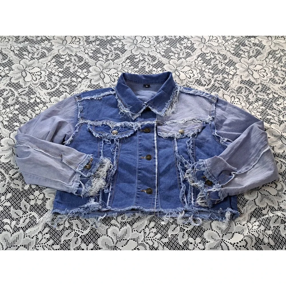 Unbranded Distressed Patchwork Denim‎ Jacket Blue Two Tone Raw Hem Small